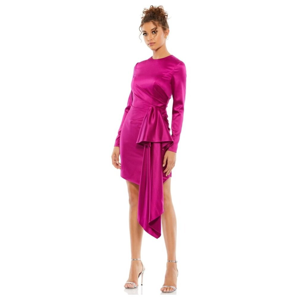 NWT Mac Duggal Asymmetrical Draped Long Sleeve Mini Dress Magenta 6 #A0542